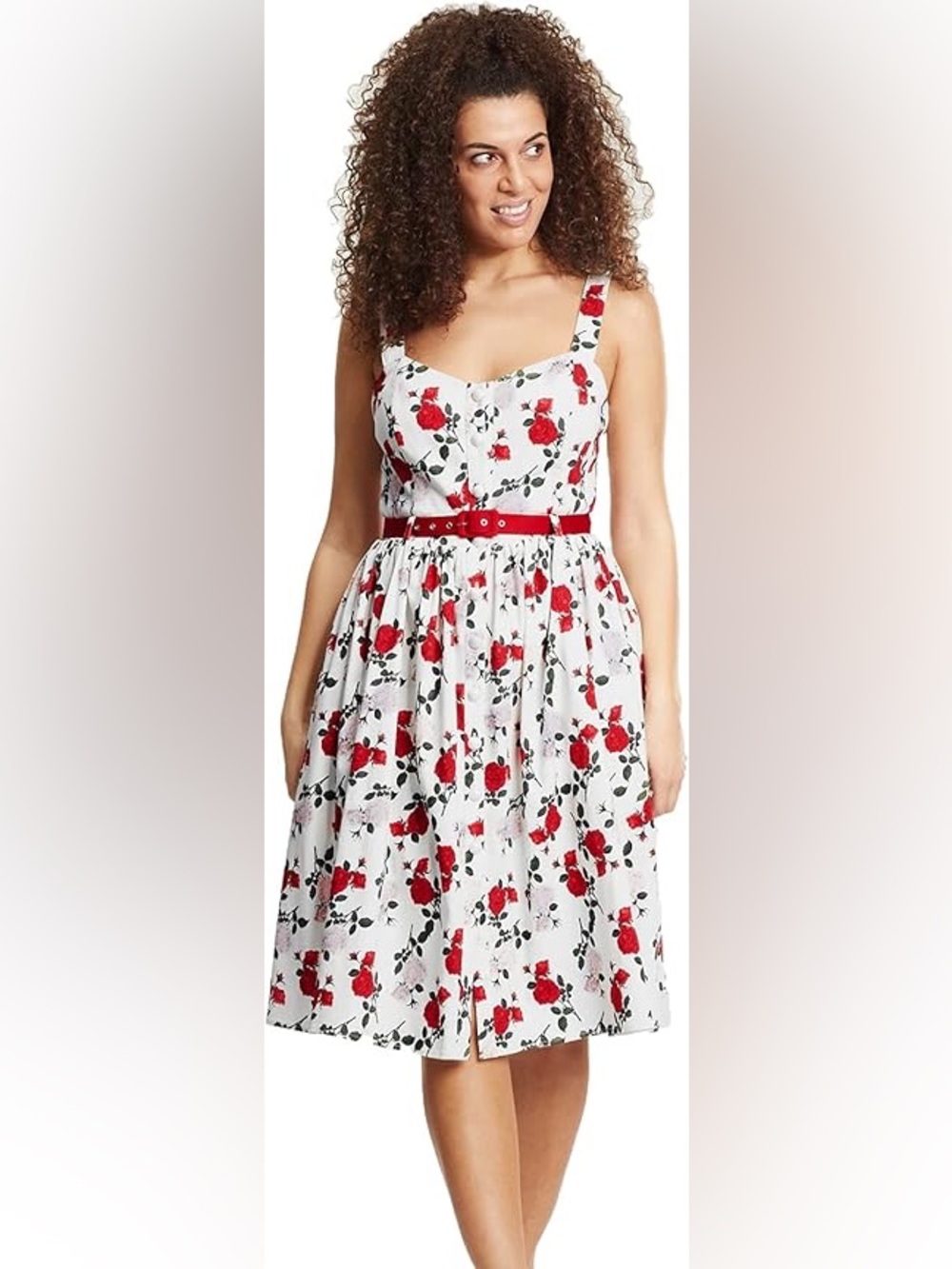 Collectif Jenima Rose Dance White Floral Sundress with Red Roses and Red Belt